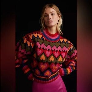 Anthropologie FARM Rio Multicolor Heart Pattern Sweater